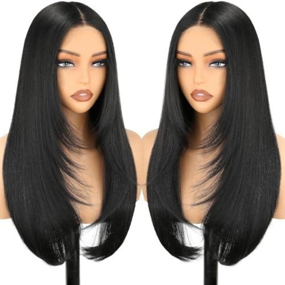 Boutique Essentials Other - Long Black Layered Synthetic Wig Middle Part Straight Face‎ Framing